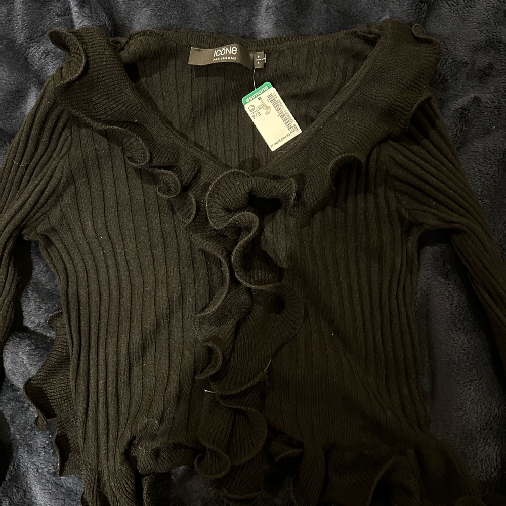 Simons Black Ruffle-Trim Ribbed Top - Picture 3 of 5